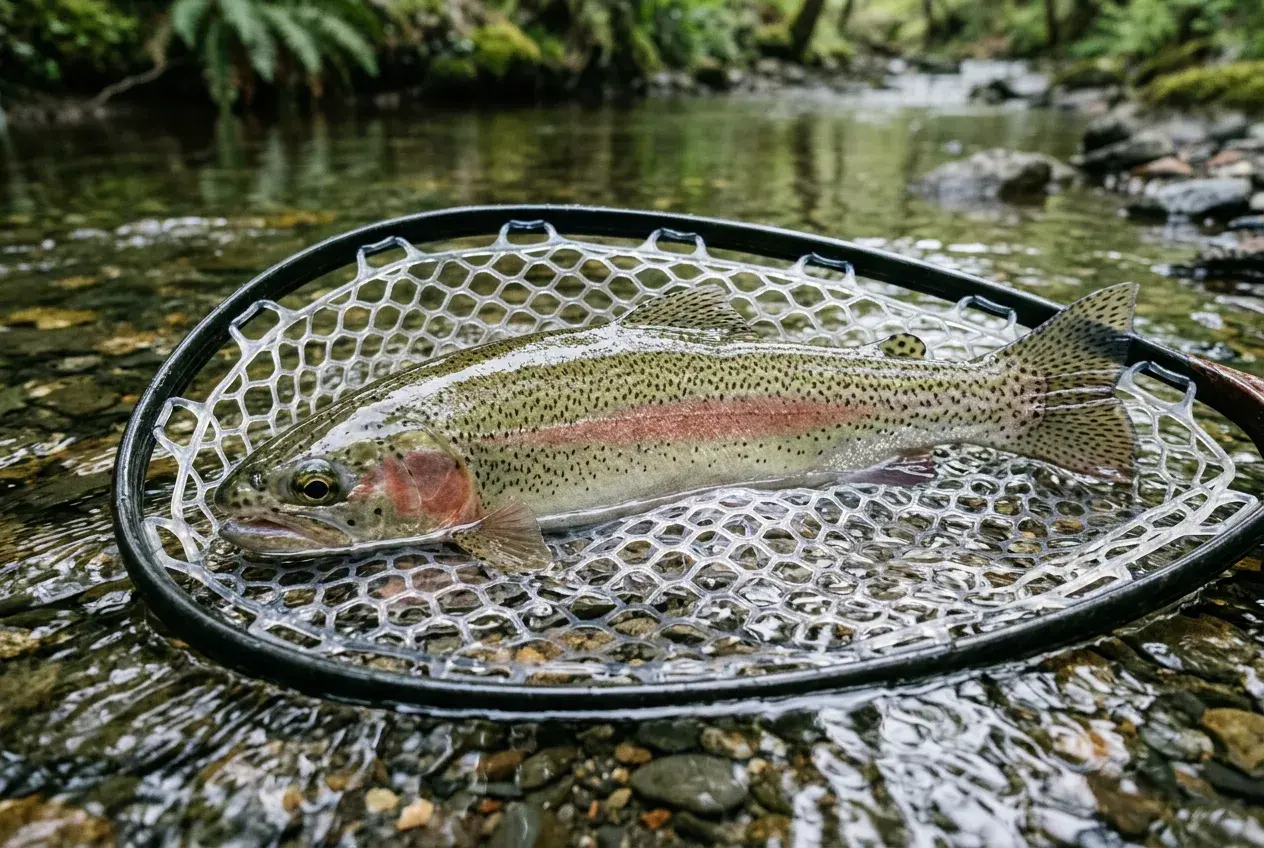 Illustrative rainbow trout in a rubber landing net partly submerged in water