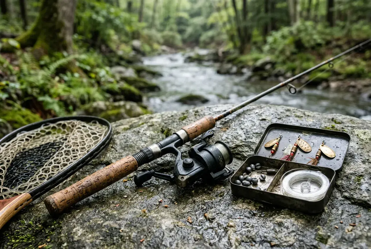 Illustrative spinning rod, tackle, and landing net beside a stream